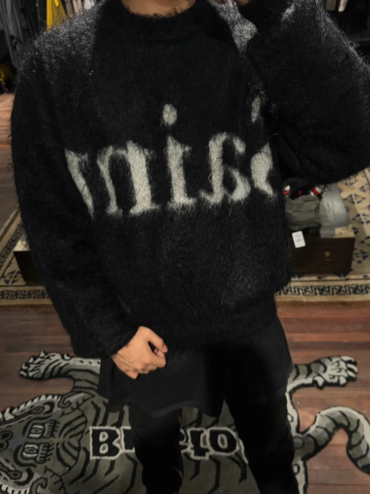 ❥4029#P226 SAINT Mxxxxxx × DENIM TERAS mohair sweater long sleeves BTS same style loose short design + fluffy version same style for men and women Color: Black Size: S M L XL